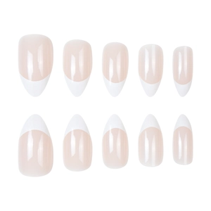 Classic almond French tip press-on nails with nude base and white tips, set of 10 pieces