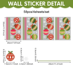 Detailed size specifications for Christmas PVC window stickers showing ball and snowflake decals