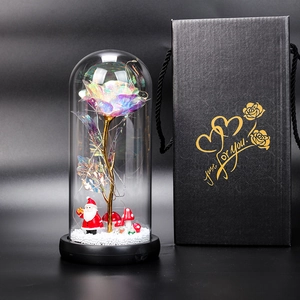 Close-up of luminous rainbow rose glass dome with Santa Claus and elegant gift box