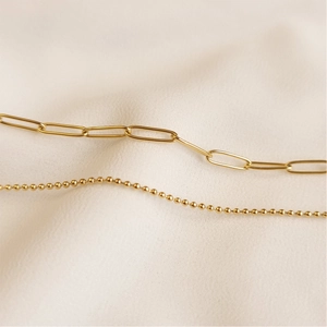 18K gold plated stainless steel paperclip and bead layered necklace for women