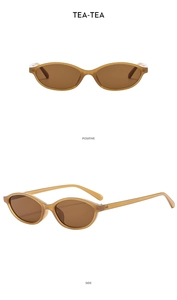 Front and side view of retro oval sunglasses with translucent amber frames and tea lenses
