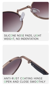 Detail of silicone nose pads and rust-proof hinges on metal round sunglasses