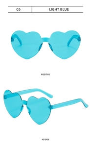 Front and 45-degree side views of light blue heart-shaped rimless sunglasses C6