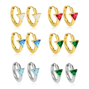 Minimalist geometric triangle earrings with colorful zirconia in gold and silver plating