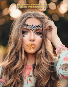 Detailed blue and black rhinestone facial jewels and star gems for EDM music festivals