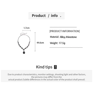 Detailed size specifications for the dark vintage floral necklace with teardrop crystals