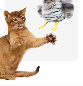 Action shot of a ginger cat jumping towards a hanging plush bird toy with feathers