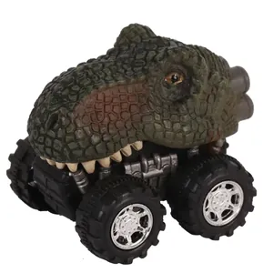 Detailed close-up of T-Rex pull-back car with textured skin and off-road tires