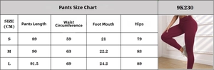 Size chart for high waist yoga pants including length, waist, and hip measurements
