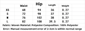 Detailed size chart for denim shorts with measurements for waist, hips, and length