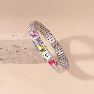 Italian style stretch bracelet in silver steel with three colored oval gemstones