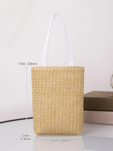 Detailed view of woven tote bag dimensions with vertical straw texture and white handles