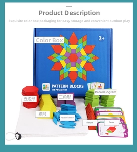 Detail view of 155-piece wooden geometric pattern blocks set with storage bag and cards