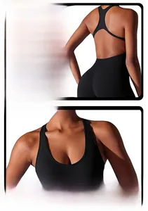 Detail of wide straps and racerback design on high-elastic black yoga jumpsuit