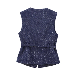Navy blue tweed vest for women featuring subtle sequins and a decorative waist belt