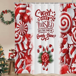 Detailed view of a festive Christmas candy cane shower curtain with holiday slogans