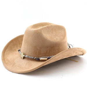 Detail of western cowboy hat featuring woven band with silver star and ethnic beads