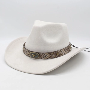 Detail of off-white suede cowboy hat with ethnic woven band and bull head metal buckle