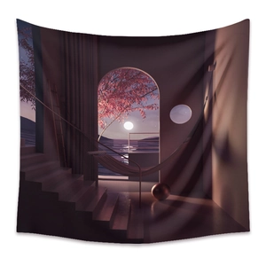 Detailed close-up showing soft polyester fabric texture of a dreamy moonlit scenic tapestry