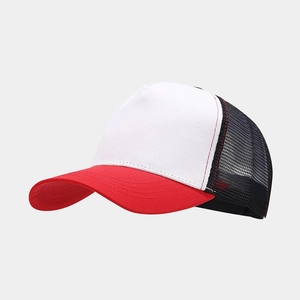 Detail of breathable black mesh and contrasting stitching on a custom trucker hat