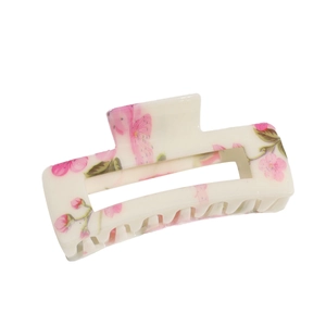 Fashionable hollow rectangle hair claw clip with pink floral ink painting on cream base