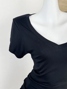 Detail of V-neck collar and shoulder on black tencel wool short sleeve knit top