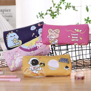 Detailed collection of colorful cartoon pencil cases in dinosaur and astronaut themes
