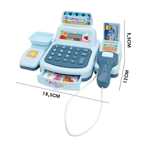 Kids light blue checkout toy register with scanner, scale, and play money for roleplay