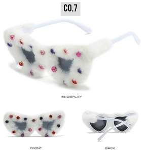 Three-way view of white plush heart sunglasses with colorful rhinestone accents