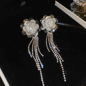 Detailansicht der Kristall-Blumenohrringe mit langen, schimmernden Diamant-Quasten
