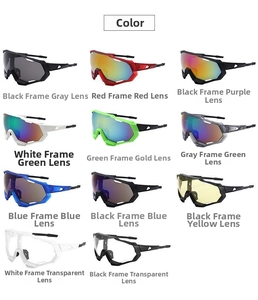 Matrix display of 11 colorful sports cycling sunglasses with various lens and frame options