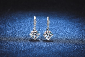 Detail of elegant S925 silver earrings featuring brilliant moissanite dangling stones
