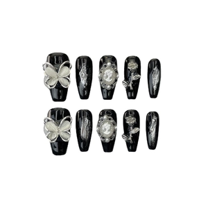 Handmade long coffin press-on nails with 3D silver butterflies and vintage cameo details