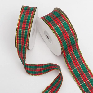 Red and green Christmas plaid ribbons with gold glitter edges for gift wrapping DIY