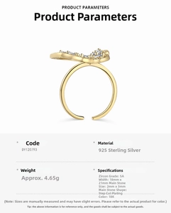 Macro shot of 18K gold plated S925 silver ring with detailed size and weight specs