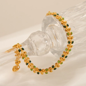 Olive Leaf Bracelet Stainless Steel With Green Enamel 18K Gold Plated Trendy Elegant Jewelry For Women