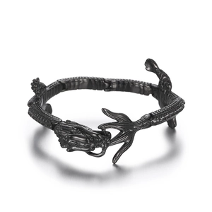 Men's black stainless steel dragon bracelet with 18k plating and scale texture