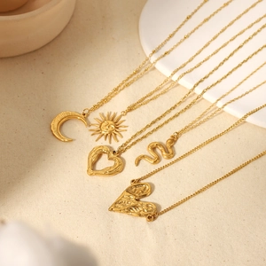 Luxury 18K gold plated stainless steel necklace set with moon sun and heart pendants