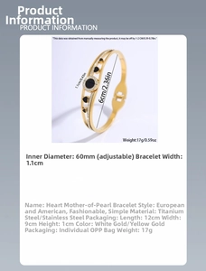 Detailed size view of gold heart shell bangle in titanium steel with zircon accents