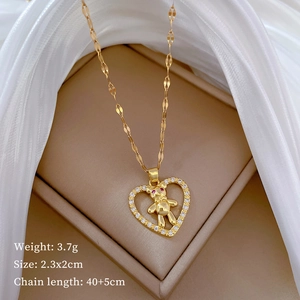 Titanium steel heart necklace with gold bear and pavé cubic zirconia pendant