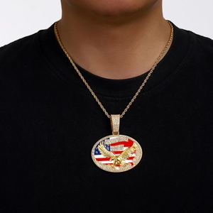Collier hip hop doré pour homme avec pendentif aigle drapeau USA et chaîne torsadée