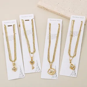 Layered Necklace Stainless Steel Gold Plated Rhinestone Pendant Fashion Jewelry For Women Elegant Heart Key Unicorn