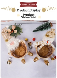 Detailed view of woven Christmas baskets featuring Santa and Snowman holiday characters