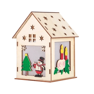 Luminous Christmas wooden house ornament with snowman and tree patterns on white backdrop