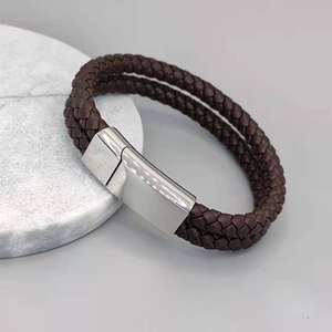 Brown braided leather double-layer men's bracelet with polished silver magnetic clasp