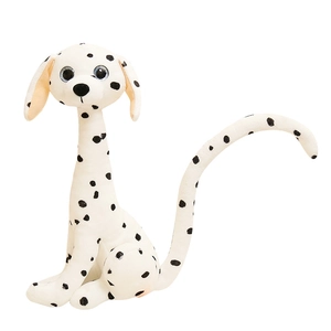 Sitting white plush dog toy with black spots, long neck, and shiny eyes on white background