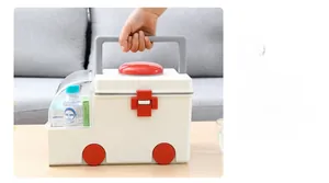 Detail of ambulance medicine box with gray handle and transparent storage compartment
