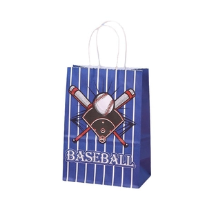 Baseball themed kraft paper gift bag with handles and blue athletic sports prints