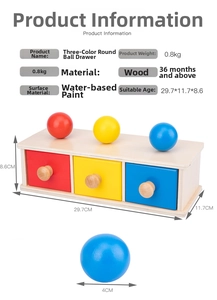 Detailed size specifications for Montessori wooden drawer box with three colored balls