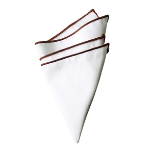 Minimalist white pocket square with brown contrast edge for men's formal business suit